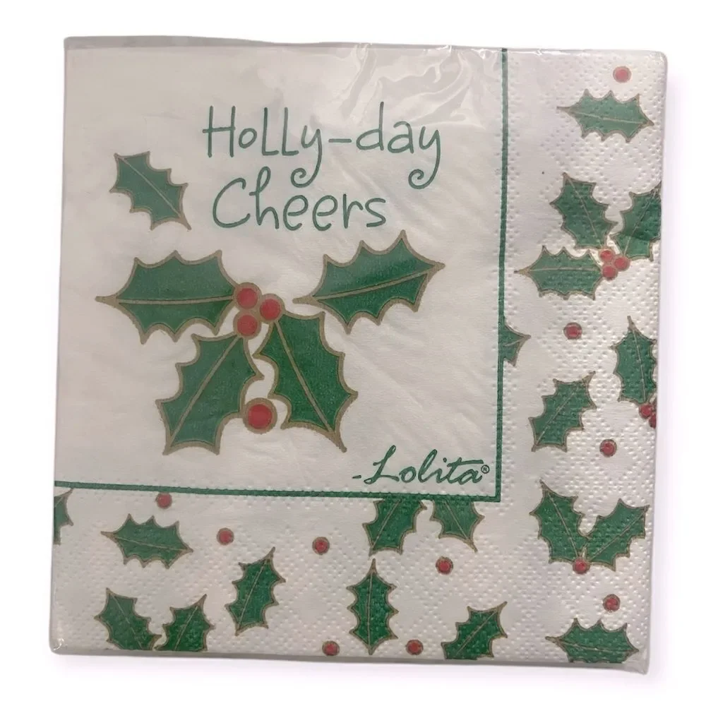 Lolita Holly Berry TW4-8400 White Green 20-Count 3-Ply Beverage Napkins 9”x9”
